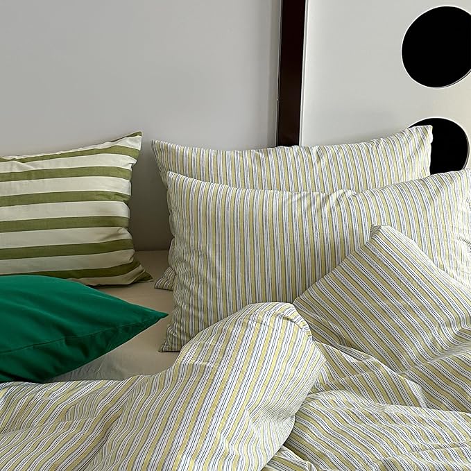 mixinni Vintage Geometric Striped Duvet Cover Set - 3 Piece 100% Washed Cotton Full Size Bedding Set with Matching Pillowcases | Mid-Century Modern Design | Ultra Soft & Breathable-Full Size