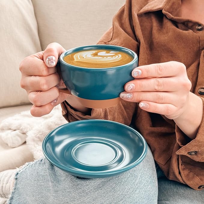 MORA Ceramic Latte Art Mug With Saucer - 10.5 oz, Round Bottom For Perfect Pours - Cafe Cups for Cappuccino, Espresso, Coffee, Tea etc - Porcelain Set for Baristas, Great Gift - Azure Blue
