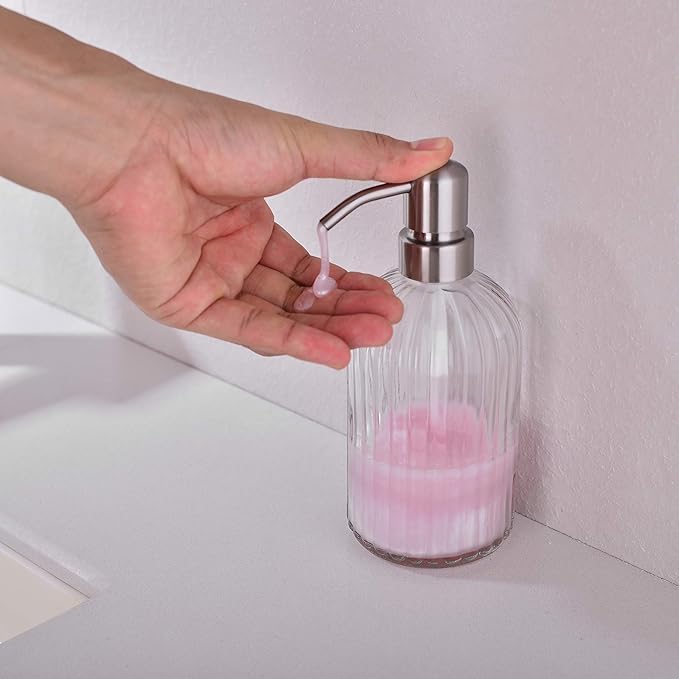 Glass Soap Dispensers for Kitchen and Bathroom, 16oz Heavey Glass Bottle, Stainless Steel Brushed Nickel Pump,Clear Farmhouse Bathroom Soap Dispenser,2 Packs
