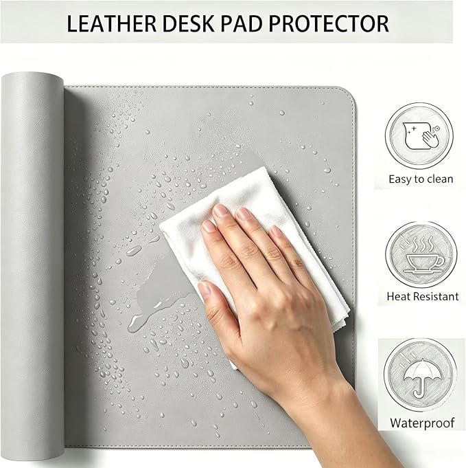 Gray Desk Mat, 23.5" x 32.5", PU Leather, Waterproof Anti-Slip, Cute Aesthetic Table Pad for Office/Home/Vanity Large