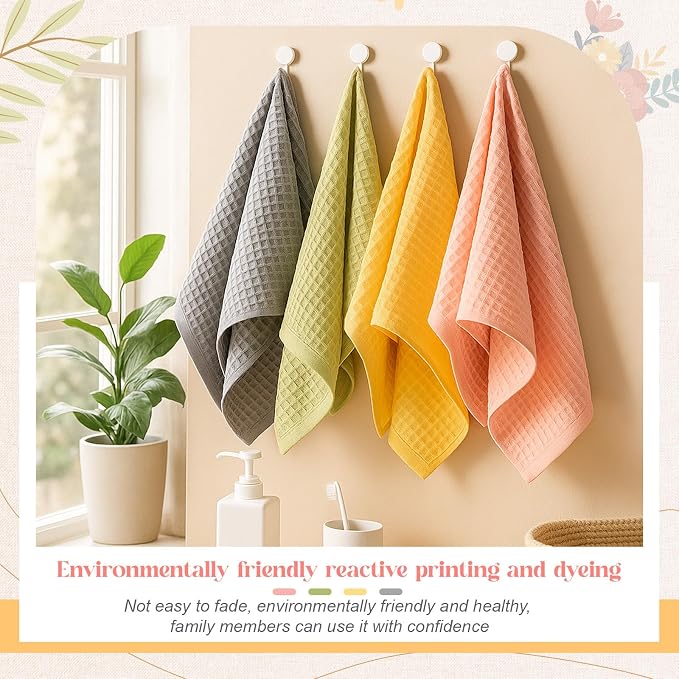 SmoothNovelty 4 Pack 100% Cotton Waffle Bathroom Hand Towels 13 x 29 Inch Waffle Weave Kitchen Dish Towel Quick Dry Absorbent for Bathroom Shower Gym Spa Yoga, Candy Color