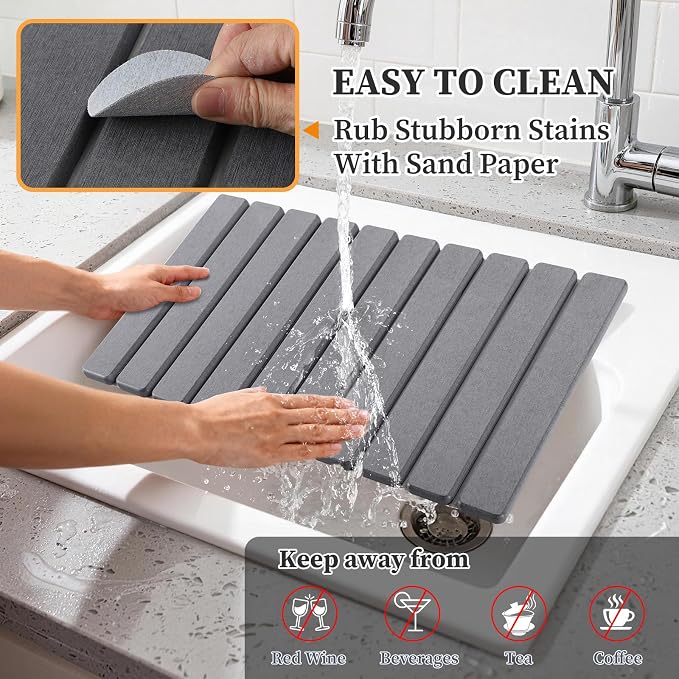 Diatomaceous Stone Drying Mat for Kitchen Counter with Sink Faucet Mat, Gray Absorbent Quick Dry Dish Drying Mat Set, Diatomite Stone Slat Countertop Pad for Dishes, Cups
