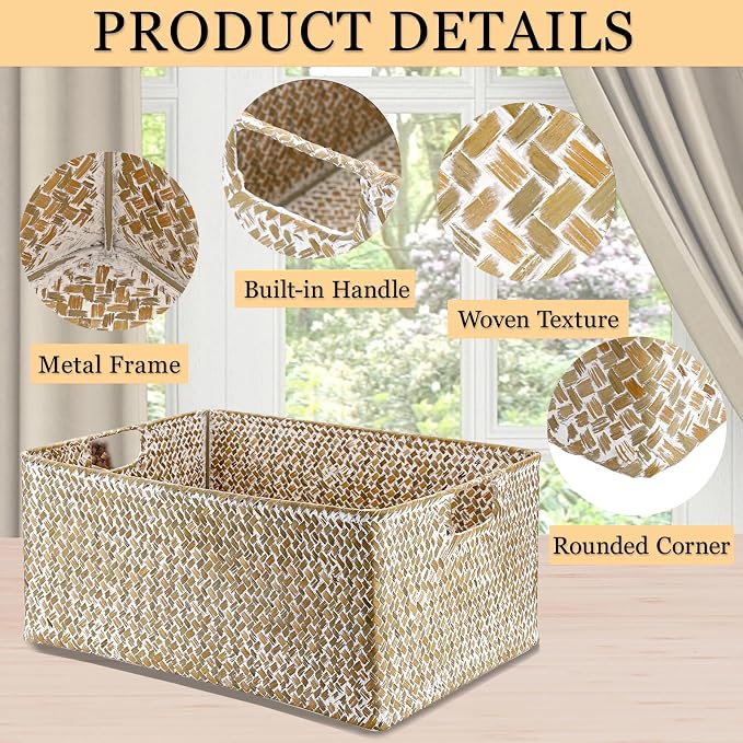 Hipiwe Seagrass Storage Basket Bin Rectangular Handwoven Wicker Storage Box with Handle Opened Baskets Box for Shelf Organizing Closet Bathroom, 15.7" L x 11.8" W x 7.5" H