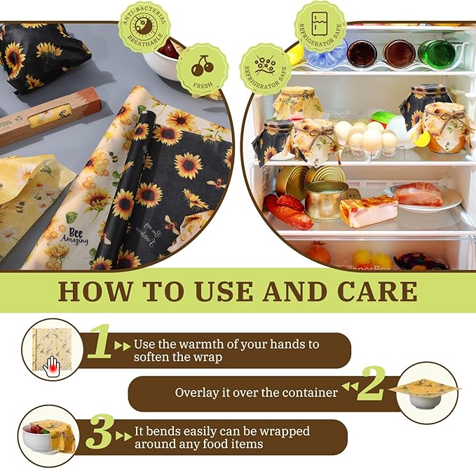 3 Rolls Reusable Beeswax Wraps for Food 13 x 40 Inches Bees Wax Wraps Reusable Food Storage Wrap Beeswax Paper Roll for Bread Sandwich Cheese Fruit Snacks(Bee)