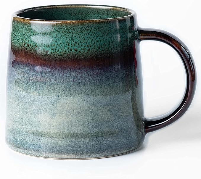 Large Ceramic Coffee Mugs, Handmade Pottery Mug, Tea Cups with Handle for Office and Home, 16 oz, Dishwasher and Microwave Safe (Ink Green)