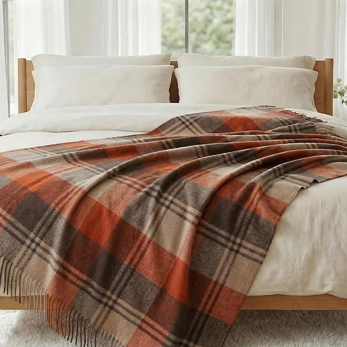 Soft Pure Wool Throw Blanket, Lightweight Warmth, 55"x83", Plaid, Fringe, Compact with Bag, Useful Gift for Women Men, All Season Decorative Cozy Travel Blanket for Couch Bed, Outdoors