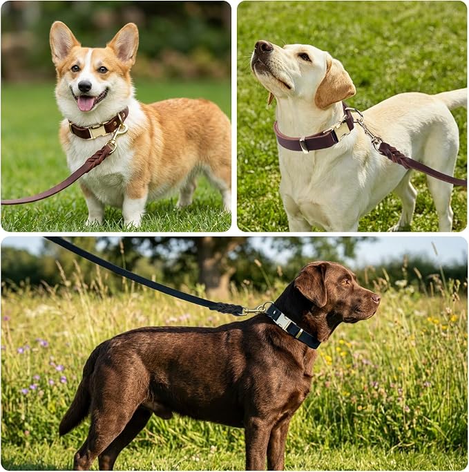 Leather Dog Collar and Leash Set, 6FT Heavy Duty Leather Training Leash with Adjustable Dog Collar, Soft and Durable Dogs Leashes and Collars Set for Small Medium Large Dogs (Brown, L)