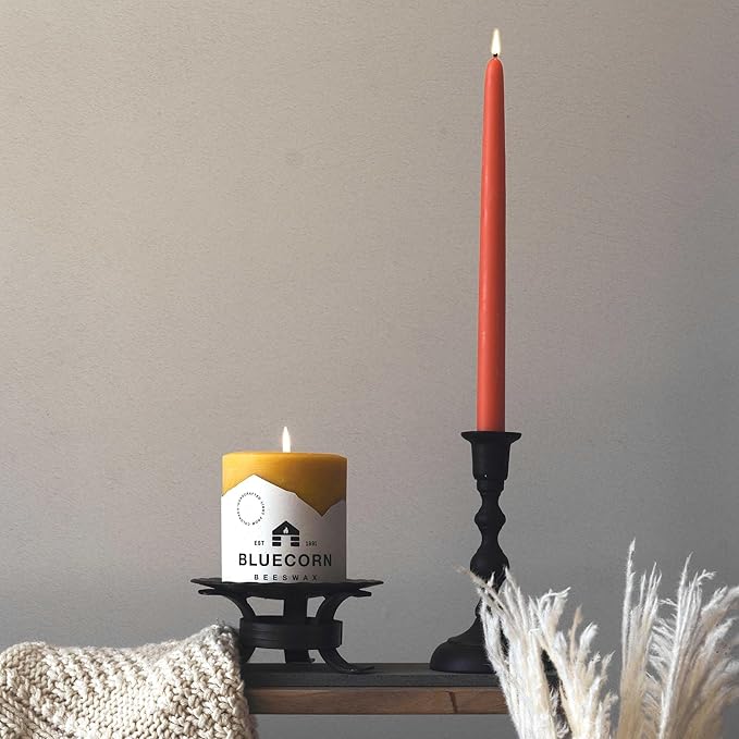 Bluecorn Beeswax Taper Candles, 100% Pure Natural Bees Wax, Pair of 10 Inch Orange Tapered Candlesticks, Clean Burning & Dripless, Fragrance Free, Long Lasting, Home Decor, American Made, 1 Count