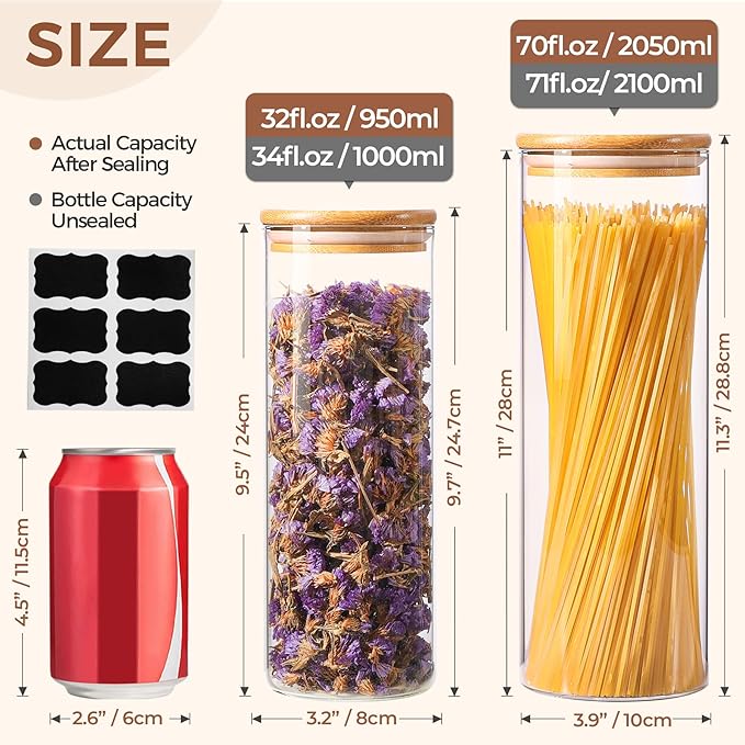 ComSaf Set of 9 Glass Storage Containers with Lids, Glass Jars with Bamboo Lids, Clear Food Storage Jar, Round Glass Canister, Pantry Organizers and Storage for Pasta Flour Rice Coffee Bean