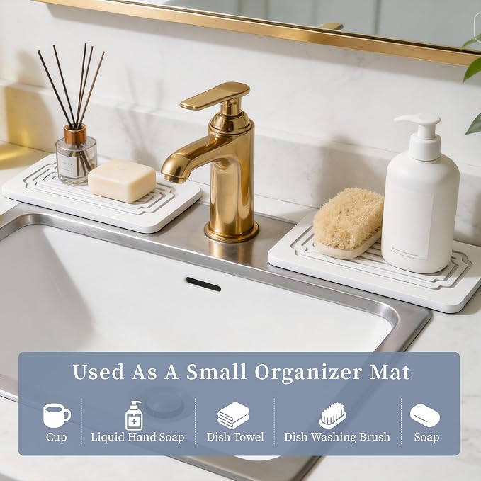 2 PCS Water Absorbing Stone Tray, Quick-Drying Diatomite Stone Tray for Kitchen/Bathroom Sink, Stone Drying Mat for Kitchen Counter, Soap Dish for Toiletries