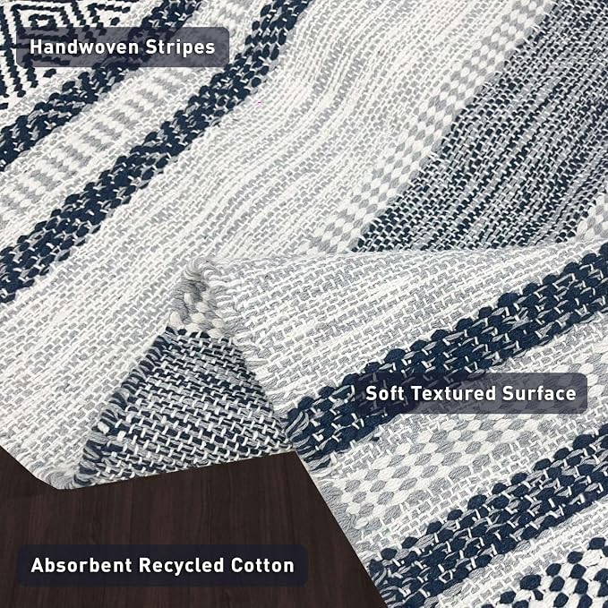 Chardin home Farmhouse Rug Runner 2x6 feet Grey & Navy | Recycled Cotton Hand Woven Rug, Long Boho Rug | Perfect for Hallways, Kitchens, Bathroom, bedrooms, Meditation Yoga Mat
