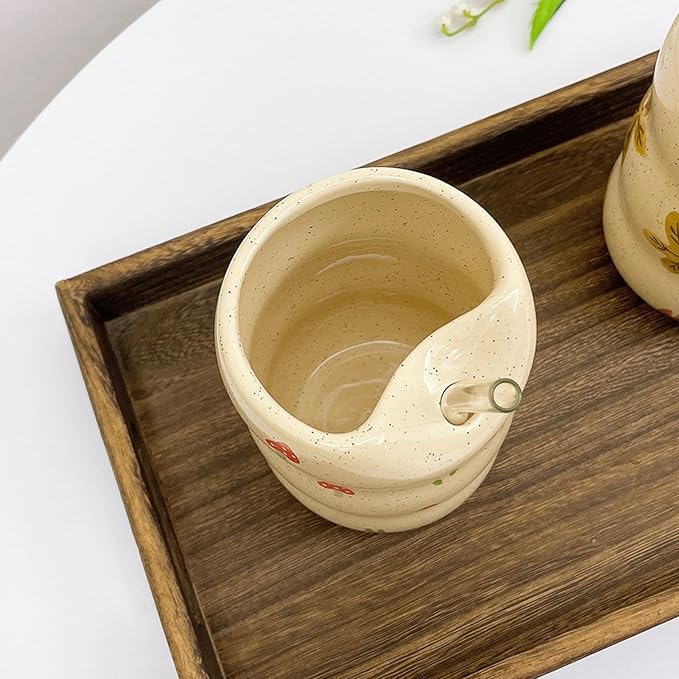 Ceramic Coffee Mug with Sip Hole, 13.5 oz Handmade Pottery Mug, No-Handle Modern Ceramic Cup for Daily Coffee & Tea, Office Use, Mushroom Design (1 Pack)