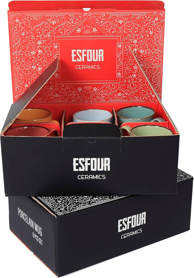 Esfour Ceramics Coffee Mugs Set Of 6, 14 Oz Large Handle Heavy Duty Cups - Microwave Dishwasher Safe - Latte, Cappuccino, Tea, Cocoa, Mocha - Men, Women, Home Office Daily Use, Vivid Assorted Colors