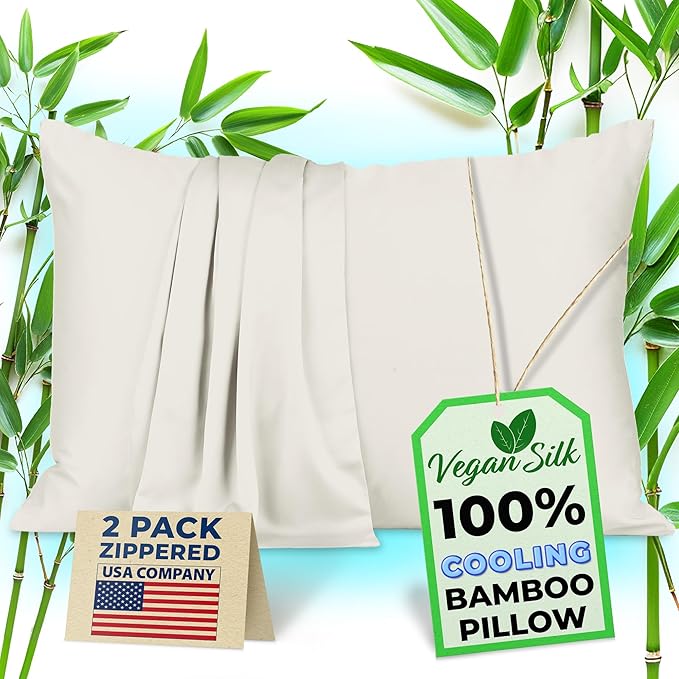 Pillow Cases - 100% Viscose Derived from Bamboo - Cooling Pillowcase - Standard Size, Cream, Set of 2 Zippered - for Hot Sleepers - Soft Pillow Covers - by Vegan Silk