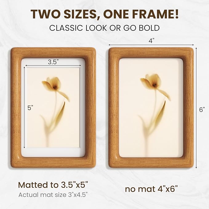 4x6 Picture Frame, USA-Sourced Teak Wood Photo Frames with HD Tempered Glass, Display Photo 3.5x5 with Mat or 4x6 Without Mat, 4 x 6 Frame for Tabletop or Wall Display, Teak Color, 1 Pack