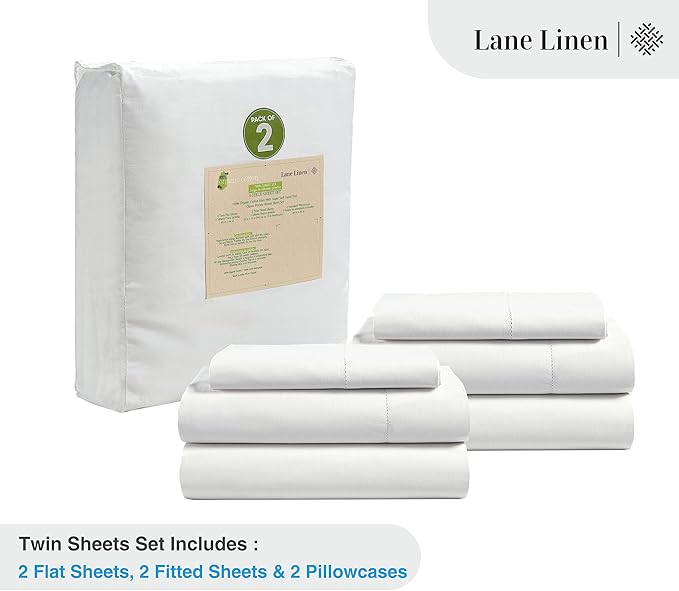 LANE LINEN 100% Organic Cotton Twin Sheets Set, 6Pc Twin Bed Sheets, Breathable Cotton Sheets Twin Size Bed Set, Dorm Room Essentials with 15" Deep Pocket Fitted Sheet - White Twin Sheets (2 Pack)