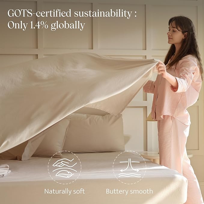 Double Stitch 100% Organic Cotton Sheets, King Size Sheets Set, GOTS Certified Long Staple Cotton Bedsheets, Luxury & Soft Hotel Bed Sheets with 16 inches Deep Pocket, Made in India Linen