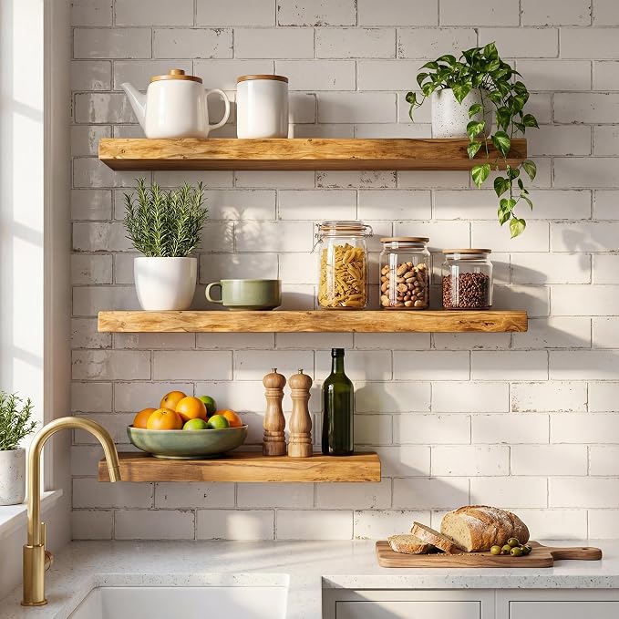 32" Live Edge Floating Shelves, Solid Elm Wood Shelf, Set of 2 | 1.4" Extra Thick, 9.3" Deep Heavy Duty Storage, Natural Finish for Kitchen & Living Room