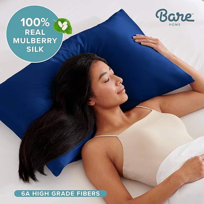 Bare Home 100% Mulberry Silk Pillowcase for Hair and Skin - Ultra Premium 6A Grade 19 Momme Silk Pillow Case - Envelope Enclosure - Breathable Cooling Pillow Cover (Queen, Dark Blue)