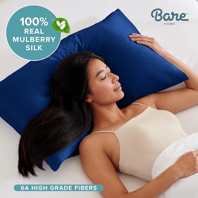 Bare Home 100% Mulberry Silk Pillowcase for Hair and Skin - Ultra Premium 6A Grade 19 Momme Silk Pillow Case - Hidden Zipper - Breathable Cooling Pillow Cover (King, Dark Blue)
