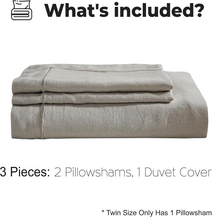 Simple&Opulence 100% Washed Linen Duvet Cover with Embroidered, 2 Pieces Soft Farmhouse Comforter Set with Button Closure,1 Duvet Cover and 1 Pillowsham(Twin,Light Grey)