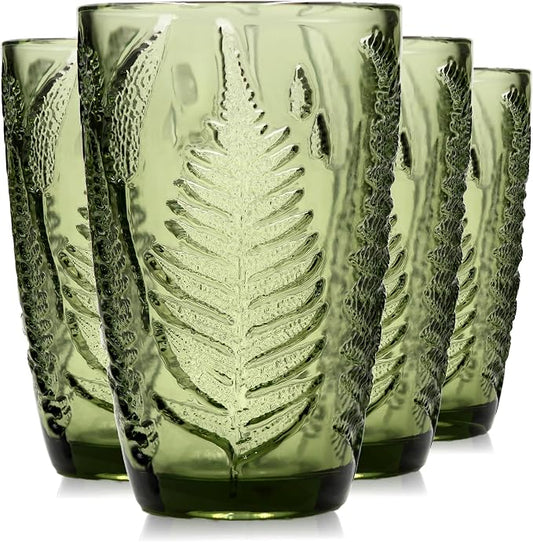 Green Drinking Glasses Set of 4, 12 oz Vintage Hand-Pressed Glass Cups, Fern Textured Highball Tumblers, Antique Style Boho Glassware for Water, Juice, Cocktails & Mocktails, Housewarming Gift Set