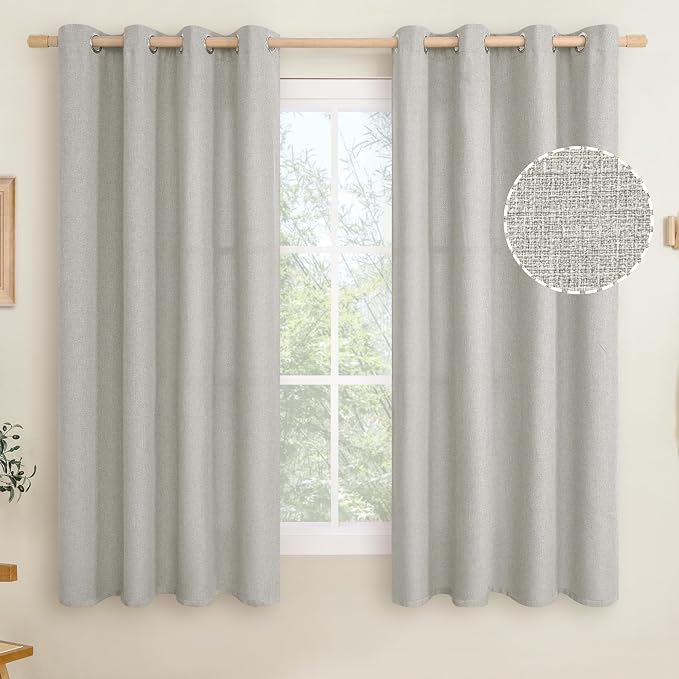 LAMIT Light Grey Linen Curtains for Bedroom, 63 inch Grommet Thick Light Reducing Curtain Light Filtering Panels Window Drapes for Living Room/Outdoor/French Door, Set of 2 Panels, W52 x L63