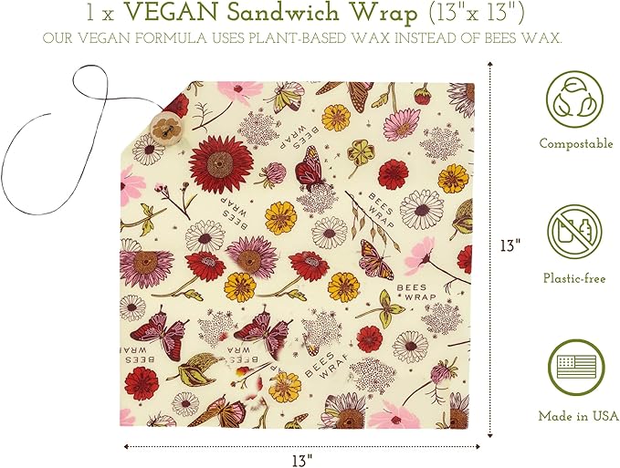 Bee's Wrap Vegan Beeswax Sandwich Wrap - Beeswax Lunch Wrap with Button & Tie - Plastic Free Made in USA Reusable Natural Food Wrap - Meadow Magic
