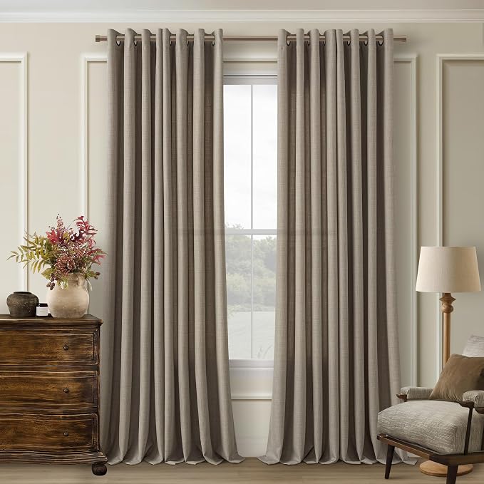 120 Inch Faux Linen Curtains Neutral Tan Brown Bronze Grommet Semi Sheer Light Filtering Privacy Drapes Farmhouse Boho Rustic Window Floor To Ceiling Curtains for Living 120 Inches Long 2 Panels Set