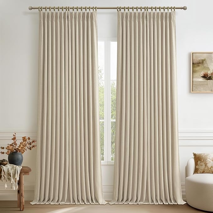 Warm Beige Linen Blend Room Divider Curtains 105 Inches Long 2 Panels Set, Elegant Pinch Pleated Blackout Double Layer Natural Burlap Pivacy Drapes with Hooks Rings for Dormroom Windows 40 x 105 Inch