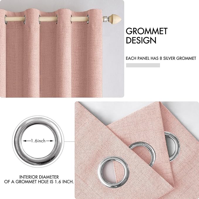 MIULEE 100% Blackout Linen Curtains for Bedroom Thermal Insulated Blush Pink Grommet Room Darkening Curtains & Drapes for Living Room Nursery 52 x 84 Inch (2 Panels)