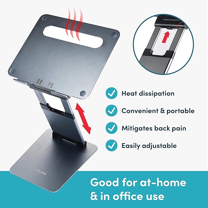 Lifelong Aluminum Adjustable Laptop Stand, Extra Tall 20" Riser, Grey | Ergonomic Portable Foldable Computer Stand, Fits 10-17” Laptops for Office Meetings, Teamwork & Desk Setup