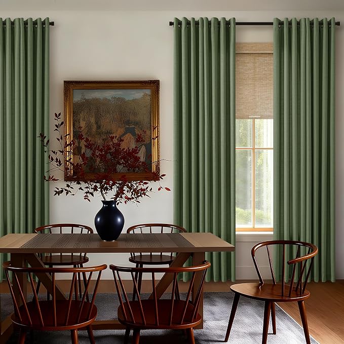 102 Inch Long Green Curtains for Bedroom Living Room, Bronze Grommet Dark Olive Green Semi Sheer Light Filtering Privacy Faux Linen Curtains 102 Inches Long Elegant Boho Farmhouse Large Window Drapes