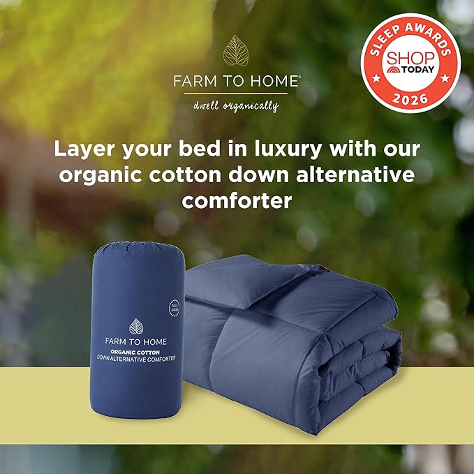 Farm To Home Luxury Comforter Organic Cotton All Season Fluffy Lightweight Down Alternative Machine Washable Comforter for Bedroom, King, Navy