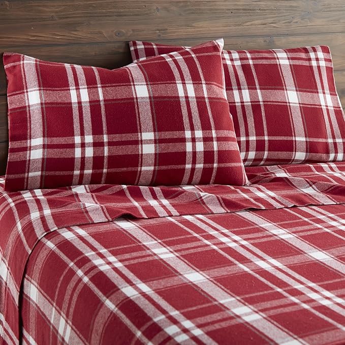 100% Organic Flannel Sheets Full Size - GOTS Certified 100% Cotton Flannel Sheets Set with Comfortable Soft Brushed Finish & Deep Pocket - 1 Flat 1 Fitted & 2 Pillowcases (Plaid, Full)