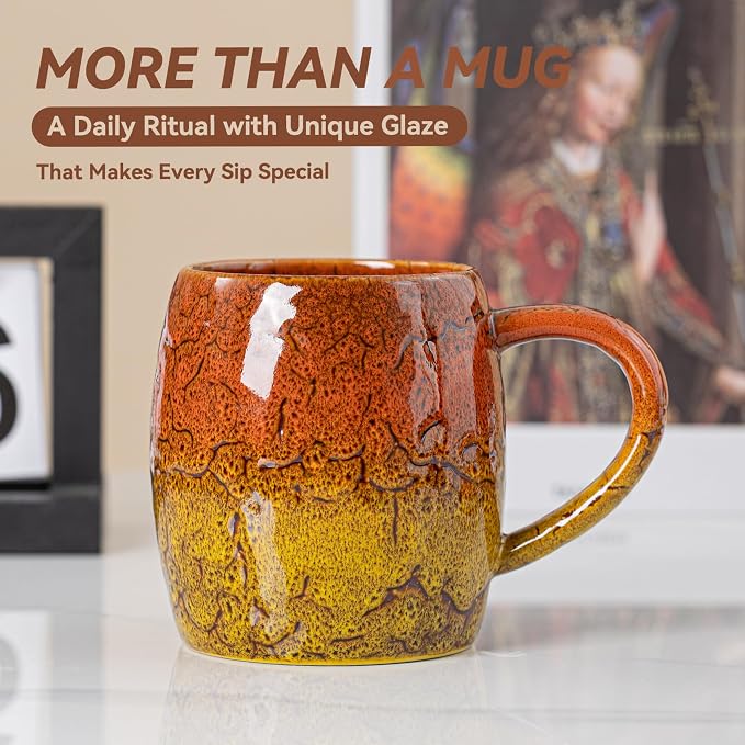 Handmade 22oz Ceramic Coffee Mug, Ergonomic Large Handle, Ideal Gift for Coffee Lovers, Microwave & Dishwasher Safe (Bas-Relief - Orange&Yellow)