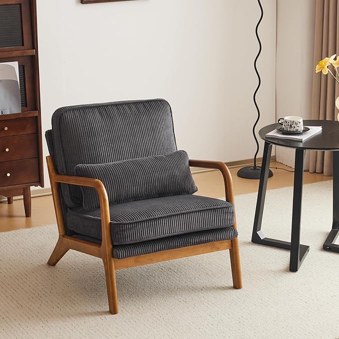 Karl home Mid-Century Modern Accent Reading Chair, Dark Grey | Corduroy Upholstered, Solid Wood Frame, Soft Cushion, Lumbar Pillow, Lounge Armchair for Living Room, Bedroom, Balcony, Study