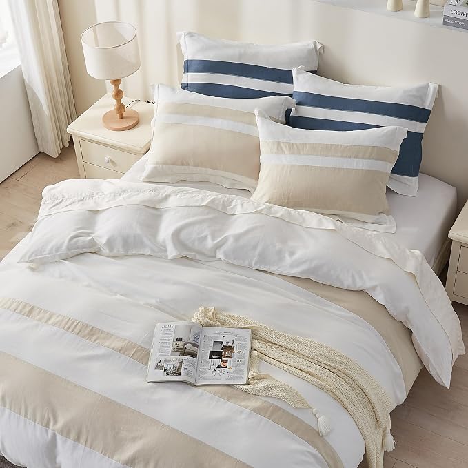 Simple&Opulence French Linen Duvet Cover Set with Stripe 104”x92”, 3 Pieces(1 Comforter Cover and 2 Pillow Shams) Rustic Natural Flax Cotton Blend(King,White and Linen)