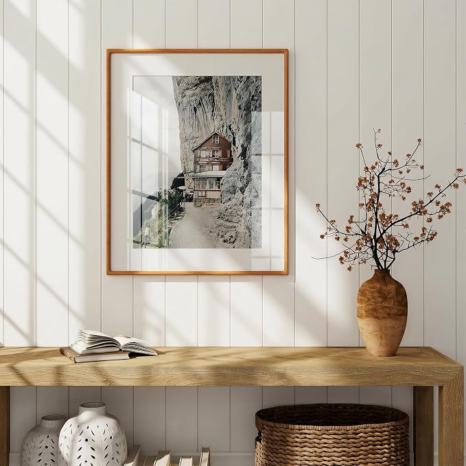 24x30 Poster Frame, USA-Sourced Teak Wood Frame Wall Mounted, 24x30 Picture Frame with Real Glass, 24 x 30 Picture Frame Matted to 18x24 Photo for Vertical & Horizontal Hanging, 1 Pack