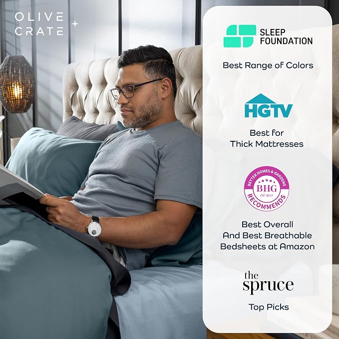 Olive + Crate Tencel Eucalyptus Pillowcases - 100% Tencel Lyocell Cooling Pillow Cases for Hot Sleepers - Hypoallergenic, Moisture-Wicking, Silk Alternative, Vegan - King Size Set of 2 [Basalt Blue]