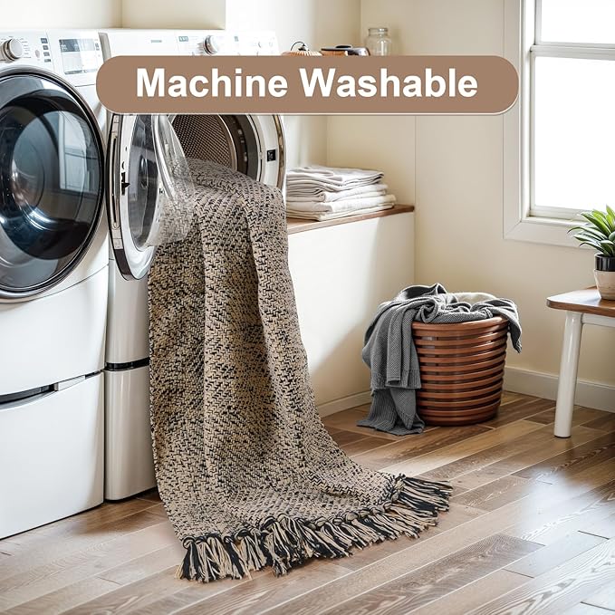 Collive Kitchen Runner Rug, 2x4.3 Hand-Woven Reversible Washable Bathroom Runner Rug for Entryway, Natural/Black Cotton Woven Boho Farmhouse Front Door Rug for Bedroom Entry Kitchen Floor Door Decor
