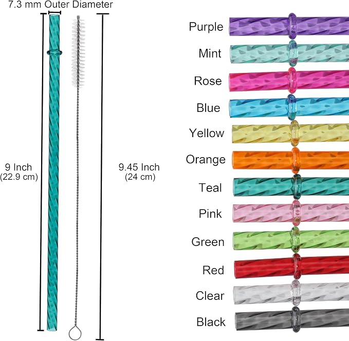Dakoufish 9 Inch Reusable Clear Plastic Swirl Drinking Straws for 12 oz 16 oz Mason Jar,Tumblers, Set of 12 Replacement Straws with Cleaning Brush (9 inch,12color)