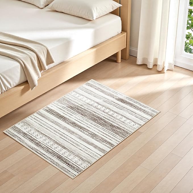Tortania Area Rug Living Room Rugs - 2x3 Washable Soft Neutral Boho Moroccan Farmhouse Mat Indoor Floor Carpet for Bedroom Under Dining Table Home Office Decor - Cream Brown