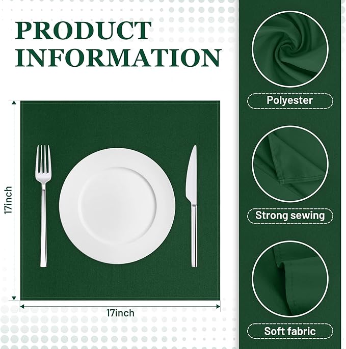 SuperO Set of 120 Cloth Napkins 17 x 17 Inch, Polyester Solid Washable Dinner Napkins with Hemmed Edges,Great for Restaurant, Wedding and Party(Hunter)