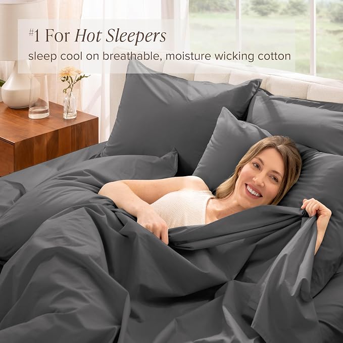 Bare Home 100% Organic Cotton Queen Sheet Set - Crisp Percale Weave - Lightweight & Breathable - Bedding Sheets & Pillowcases (Queen, Grey)