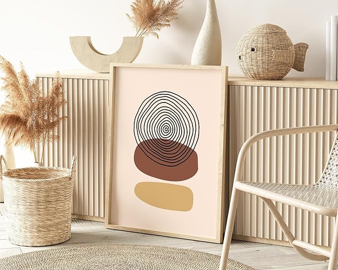 Y2K BOO Boho Abstract UNFRAMED Wall Art Minimalist Stacked Stones Circles Earth Tones Terracotta Mid Century Modern 24x36 Inch Heavyweight Paper Zen Studio Decor