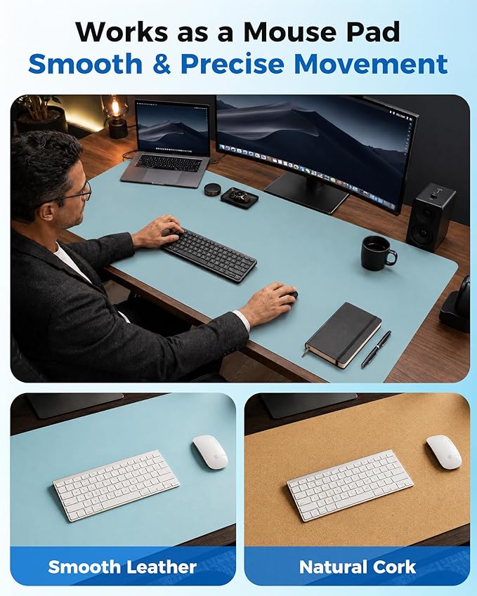 Aothia Cork Desk Mat - Dual-Sided Extra Large Desk Pad & Keyboard Mat, Long PU Leather Desk Protector, Waterproof Desktop Blotter (47" x 17", Blue Topaz)
