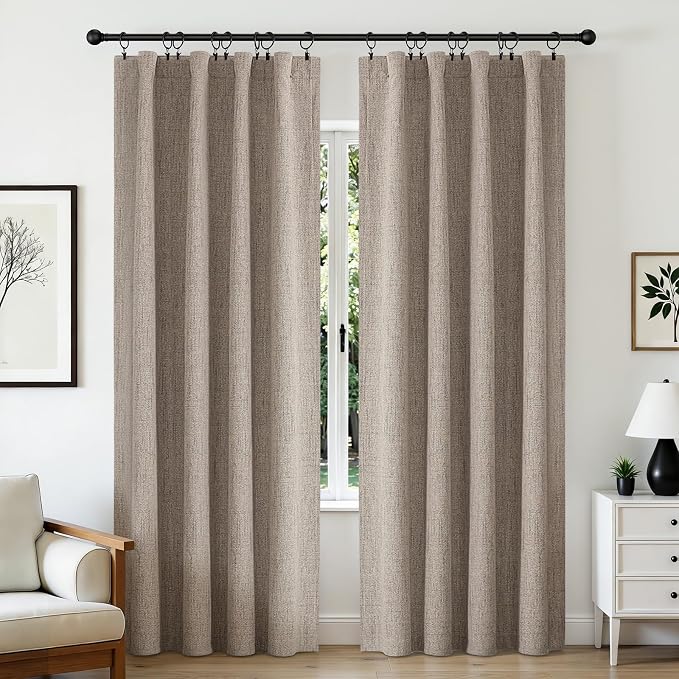 CUCRAF Natural Linen 100% Blackout Curtains 108 Inch Length 2 Panels Set, Back Tab and Rod Pocket Curtain for Living Room Bedroom, Room Darkening Window Drapes Thermal Insulated, (37x108 inch, Linen)