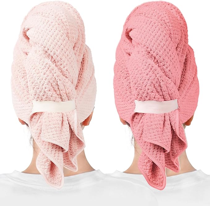ROLSHOL 2 Packs Large Microfiber Hair Towels for Women, Super Absorbent & Quick Dry Hair Towel Wrap for Curly Long & Short Hair- Anti-Frizz Hair Turbans for Wet Hair（Coral Pink & Pink） - 27.5''*39.4''