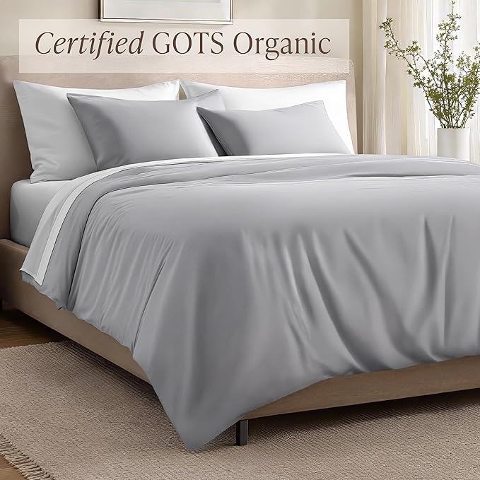 Bare Home 100% Organic Cotton Sateen Duvet Cover Set - Extra Long Size - 400 Thread Count - Smooth Sateen Weave - Warm & Luxurious - Duvet Cover (Twin/Twin XL, Light Grey)